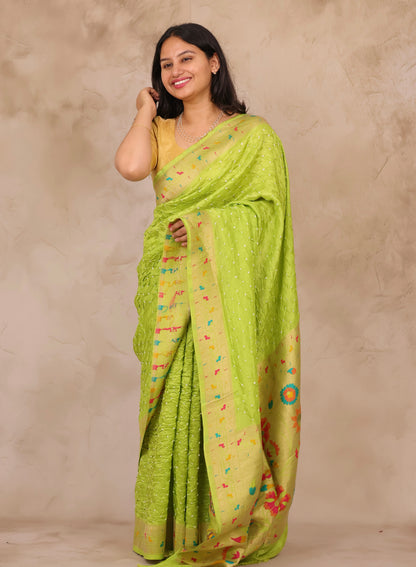 Pista Green Handcrafted Bandhani Paithani Dola Silk Saree | Looms & Tassels