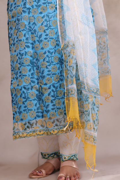 Sky Blue Bagru Handblock printed kota 3 piece suit (stitched)