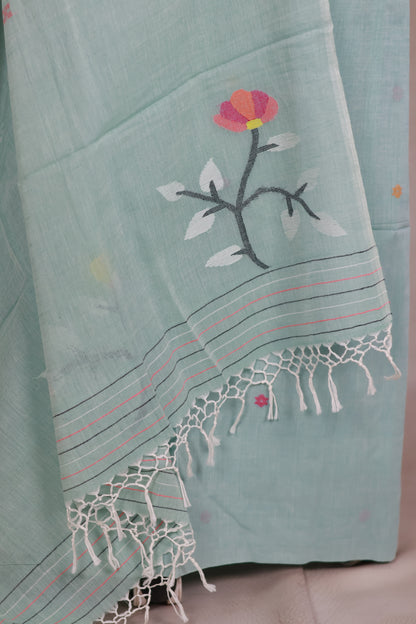 Pastel Mint Green Handwoven Jamdhani weaving pure Malai cotton 2 piece suit sets | Looms & Tassels