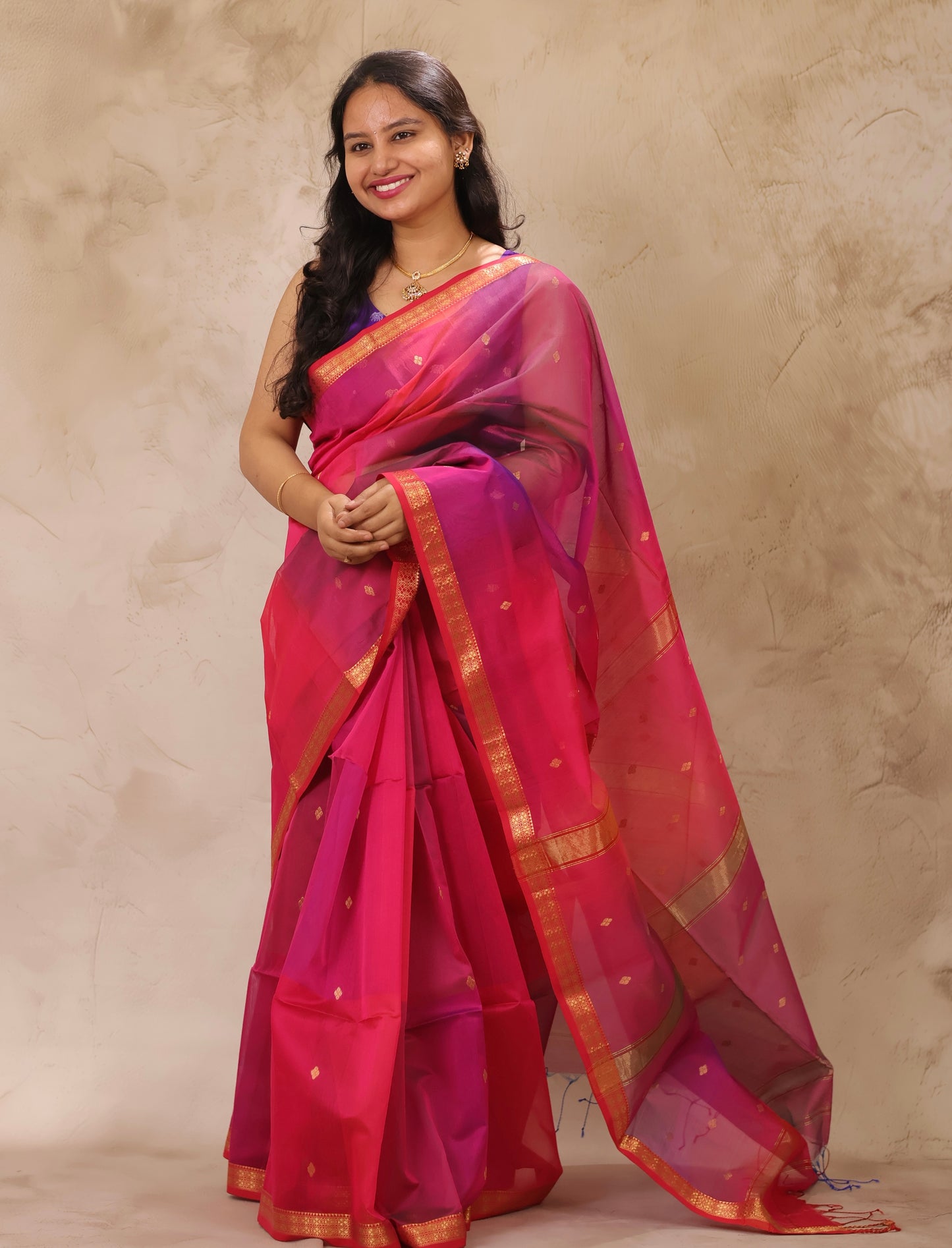 Pink Dual Tone Handloom Maheswari Silk Cotton Sarees | Looms & Tassels