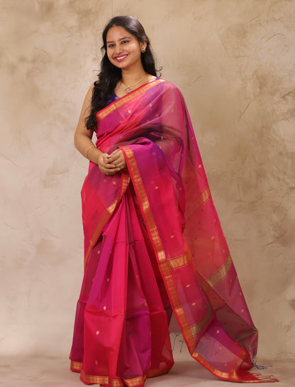 Pink Dual Tone Handloom Maheswari Silk Cotton Sarees | Looms & Tassels