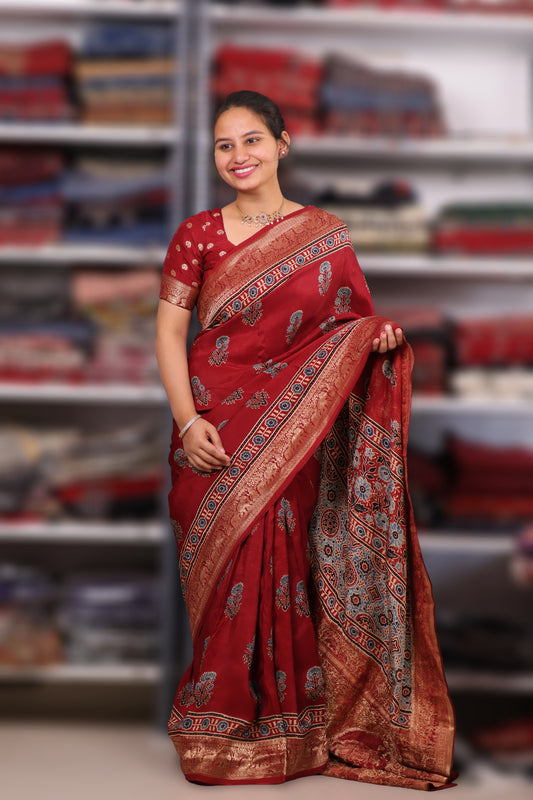 Ajrakh Dola Silk Saree