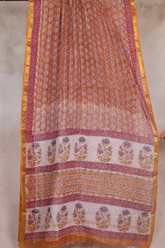 Pure Kota Doria Saree with Bagru Handblock Prints | Looms & Tassels
