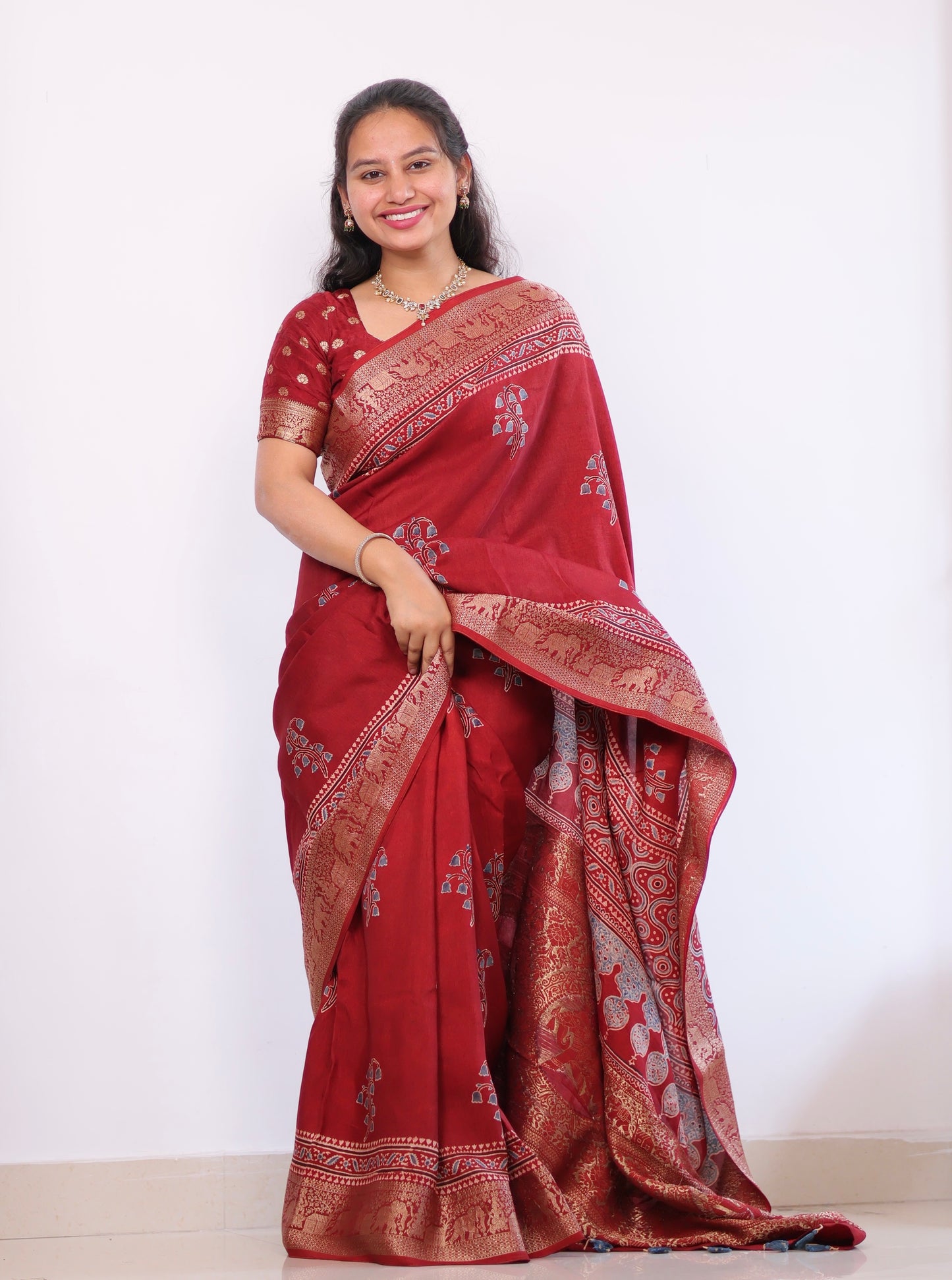 Red Ajrakh Dola Silk Saree