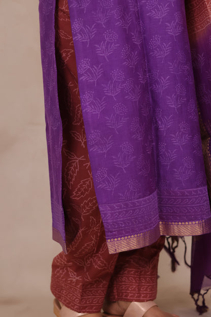 Purple Handblock printed Pure Maheswari Silk 3 piece suit (stitched)