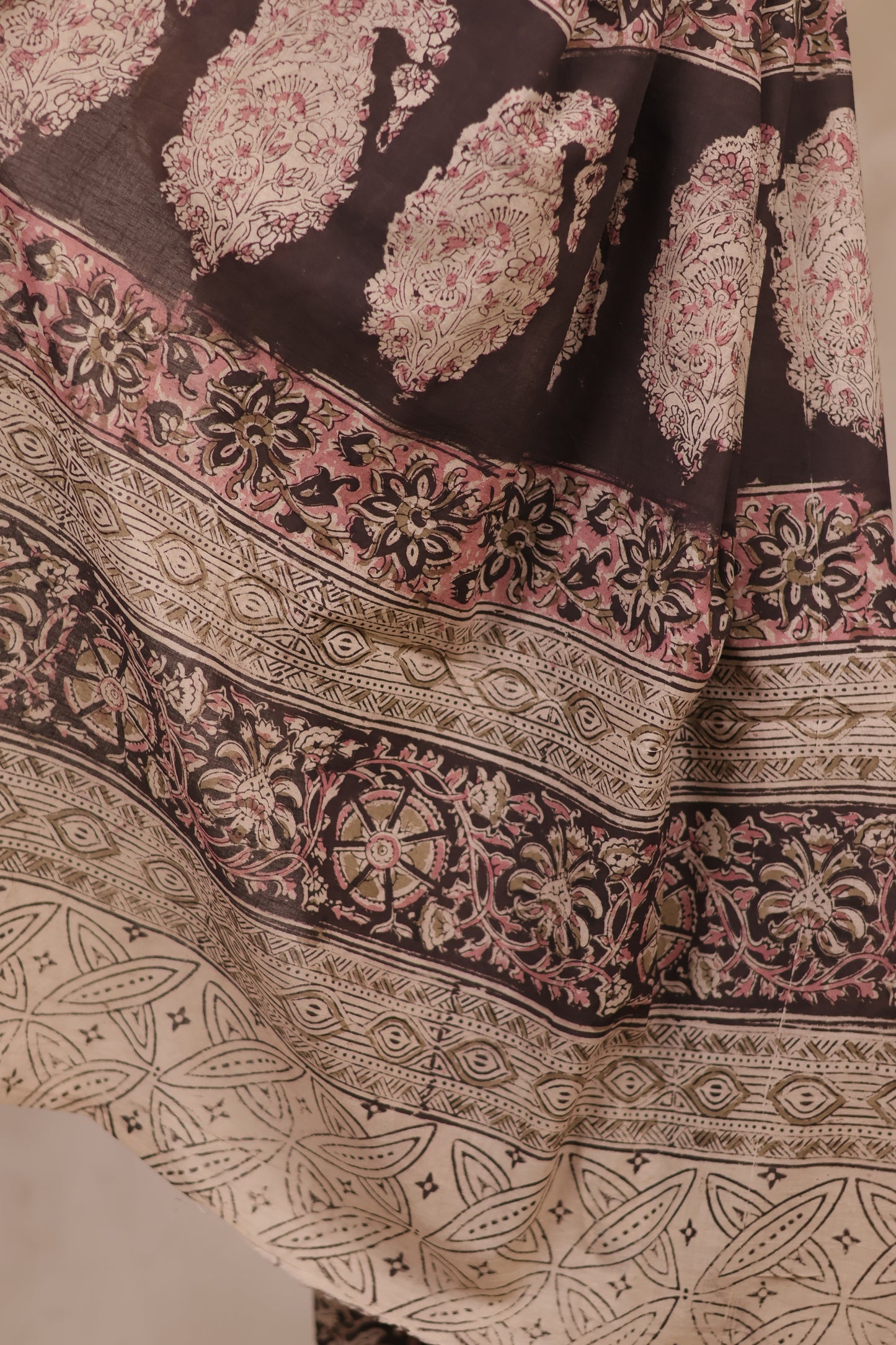 Black Hand Block Printed Kalamkari Cotton Saree | Looms & Tassels