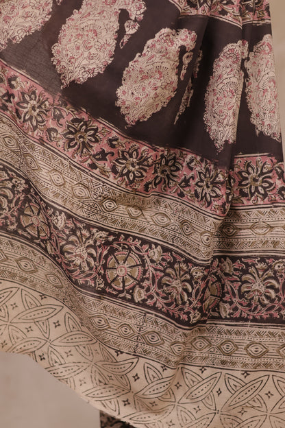 Black Hand Block Printed Kalamkari Cotton Saree | Looms & Tassels