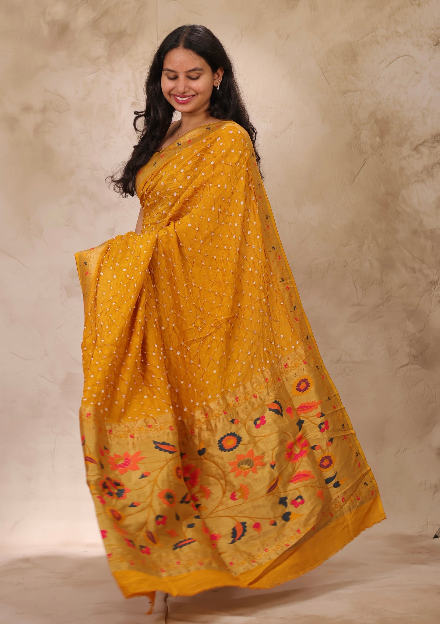 Mustard Handcrafted Bandhani Paithani Dola Silk Saree | Looms & Tassels