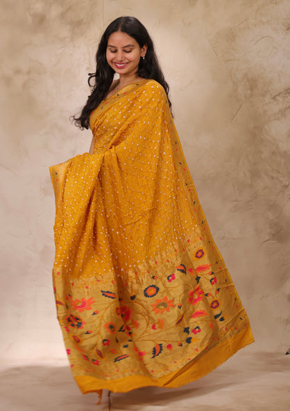 Mustard Handcrafted Bandhani Paithani Dola Silk Saree | Looms & Tassels
