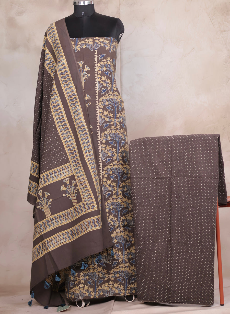 Grey Ajrakh Handblock Printed Pure Cotton 3 piece suit set | Looms & Tassels