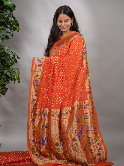 Orange Handcrafted Bandhani Paithani Dola Silk Saree | Looms & Tassels
