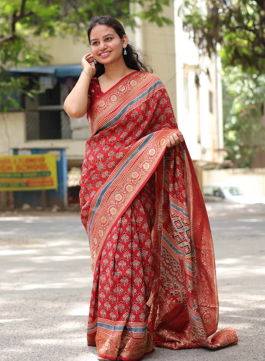 Red Ajrakh Dola Silk Saree