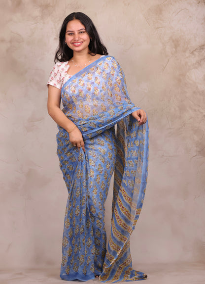Blue Chiffon Hand Block Printed Saree | Looms & Tassels