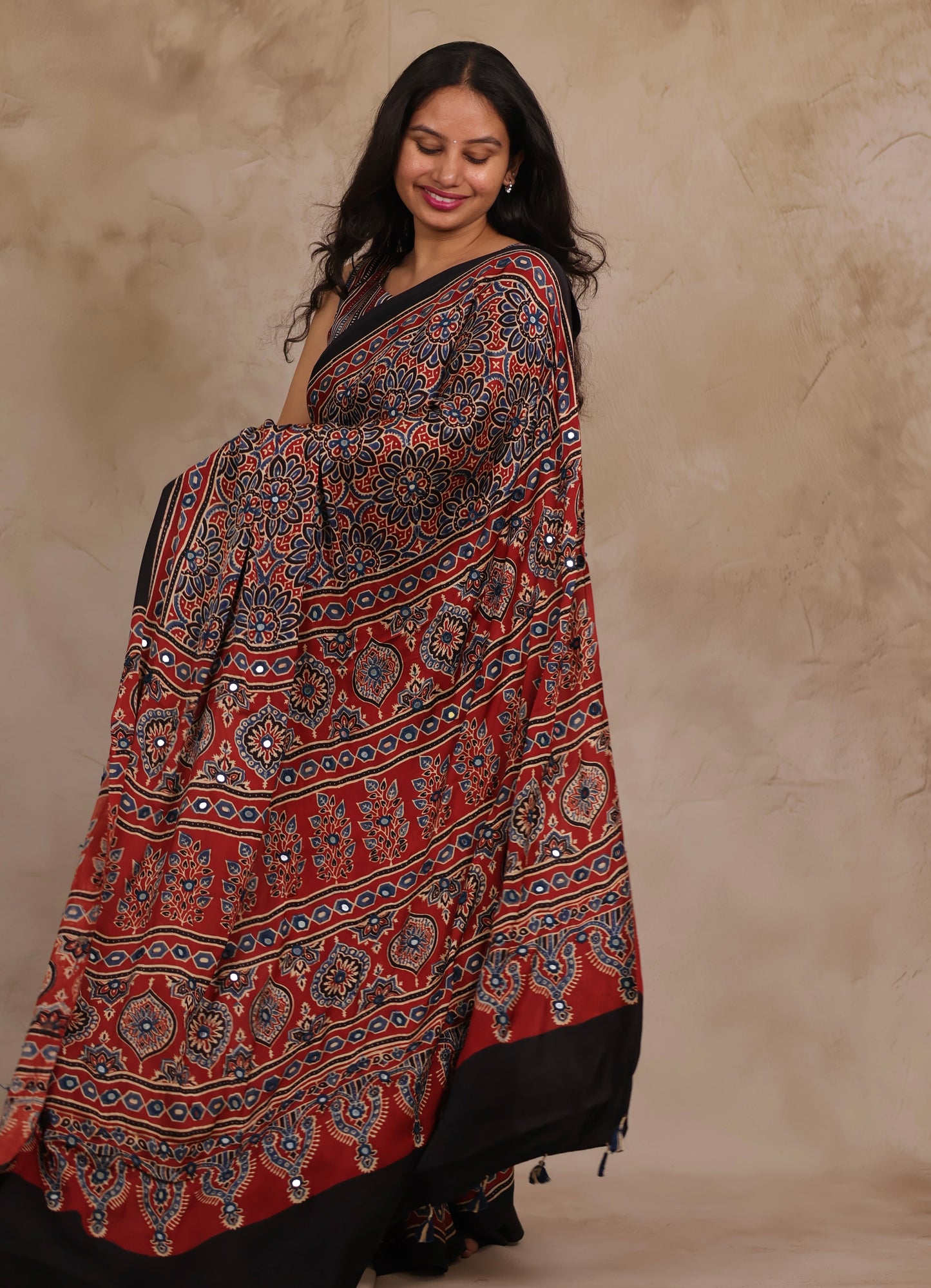 Red Handcrafted Ajrakh Modal Silk Saree with Authentic Banjara Mirror Work | Looms & Tassels