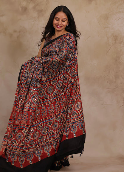 Red Handcrafted Ajrakh Modal Silk Saree with Authentic Banjara Mirror Work | Looms & Tassels