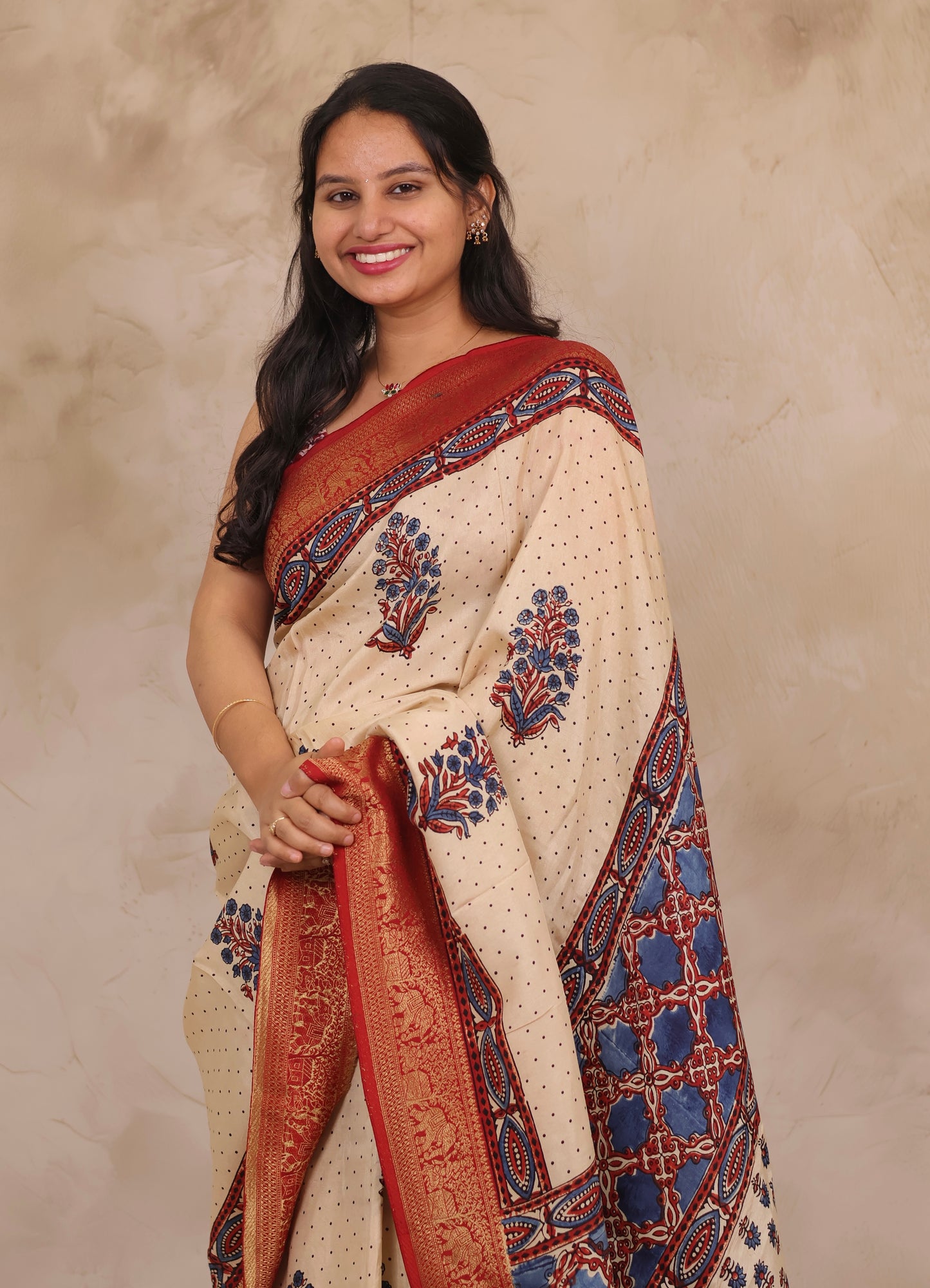 Cream Dotted Floral Ajrakh Handblock printed Dola Silk Saree | Looms & Tassels
