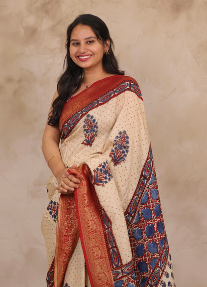Cream Dotted Floral Ajrakh Handblock printed Dola Silk Saree | Looms & Tassels