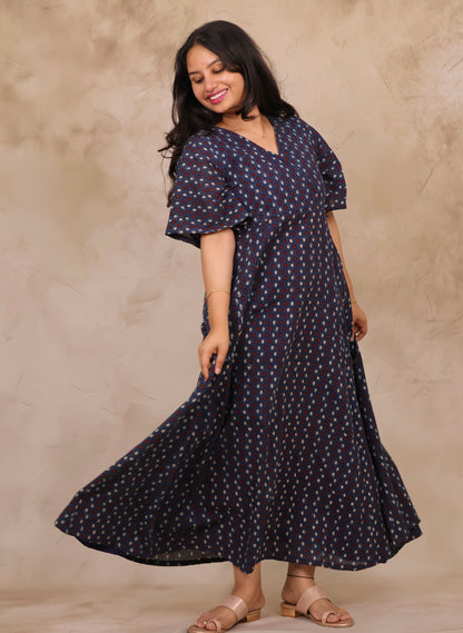 Indigo Blue Hand Block Printed Pure Mul Cotton Maxi Dress | Looms & Tassels