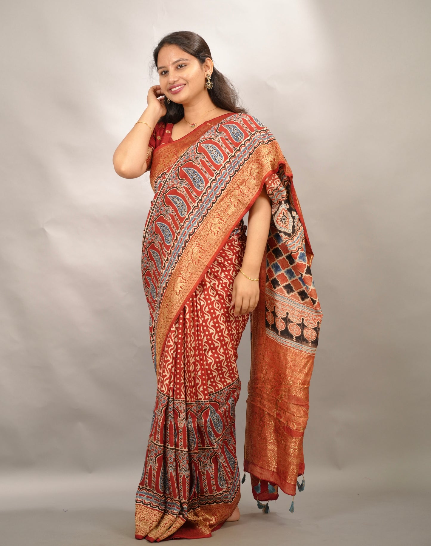 Red Ajrakh Handblock printed Dola Silk Saree | Looms & Tassels