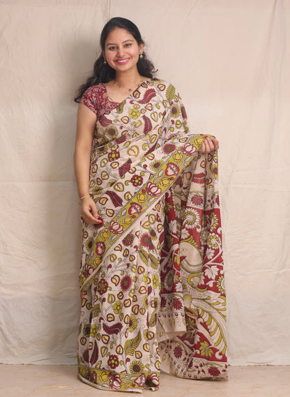 Cream Kalamkari Cotton Saree
