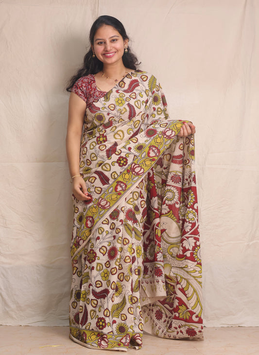 Cream Kalamkari Cotton Saree