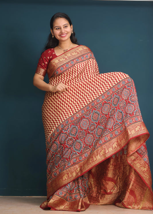 Ajrakh Dola Silk Saree