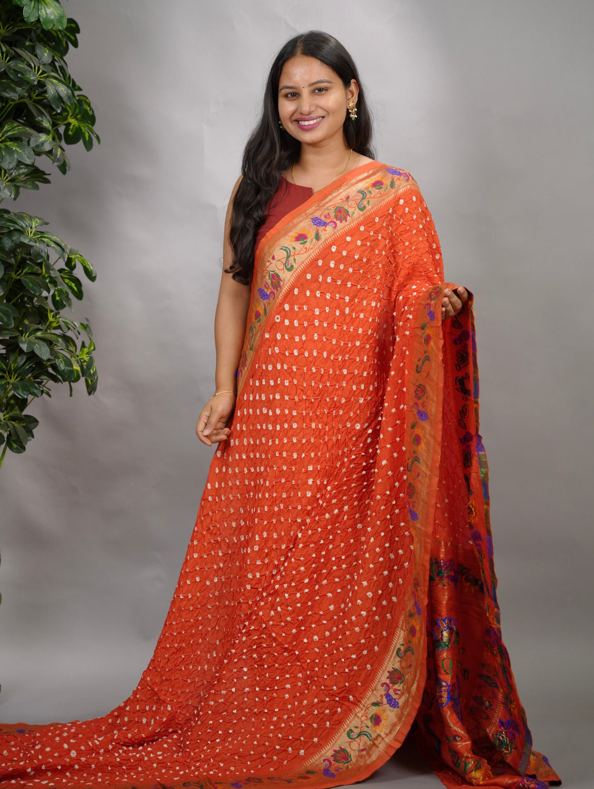 Orange Handcrafted Bandhani Paithani Dola Silk Saree | Looms & Tassels