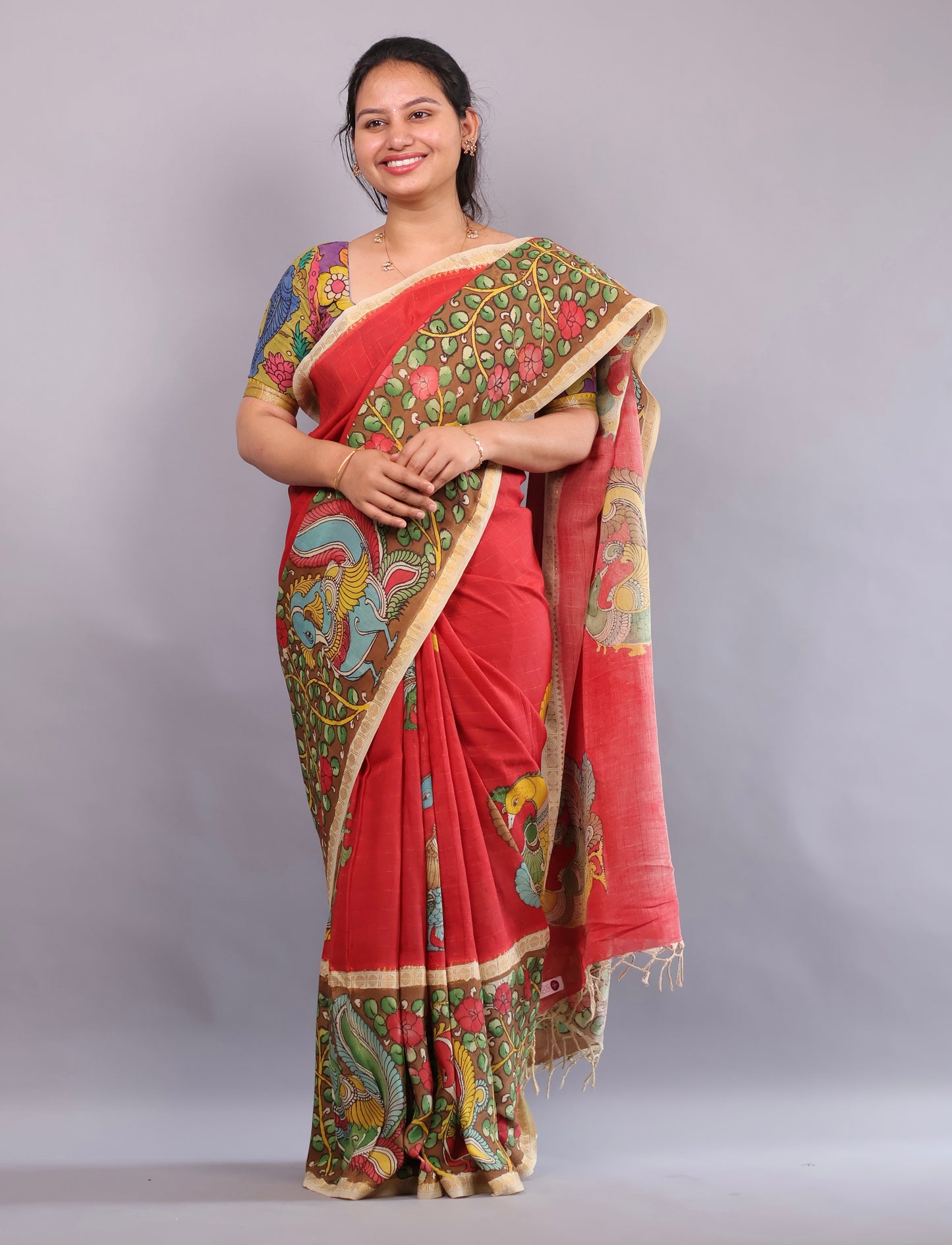 Red Hand Painted Pen Kalamkari Bangalore Silk Saree with Sungdi Borders