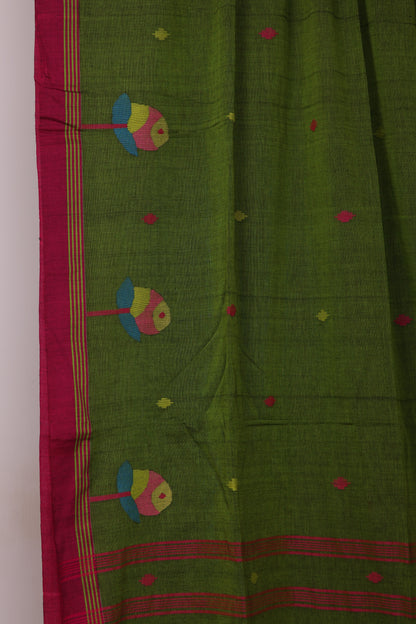 Green Pure Handwoven Jamdhani Malai Cotton Saree