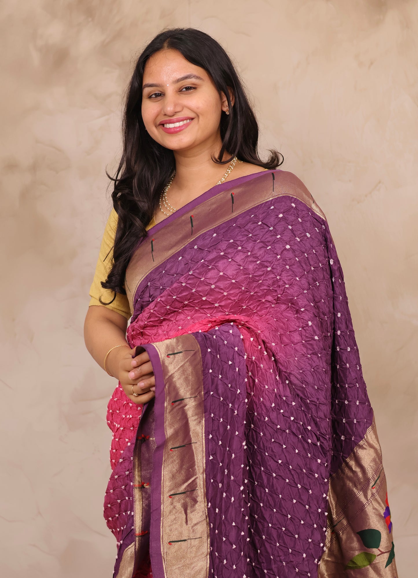 Purple & Pink Handcrafted Bandhani Paithani Dola Silk Saree | Looms & Tassels