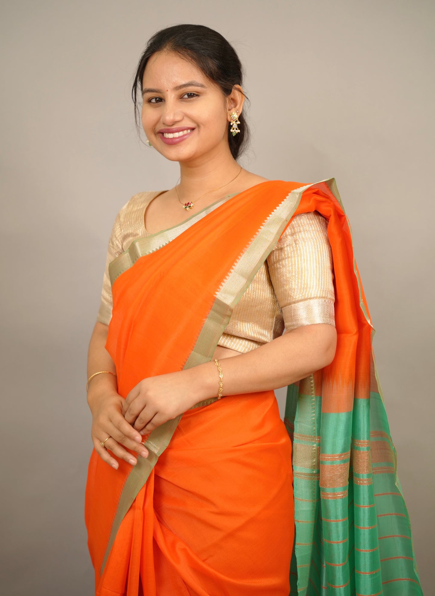 Orange Handloom Mangalagiri Silk Saree| Looms & Tassels