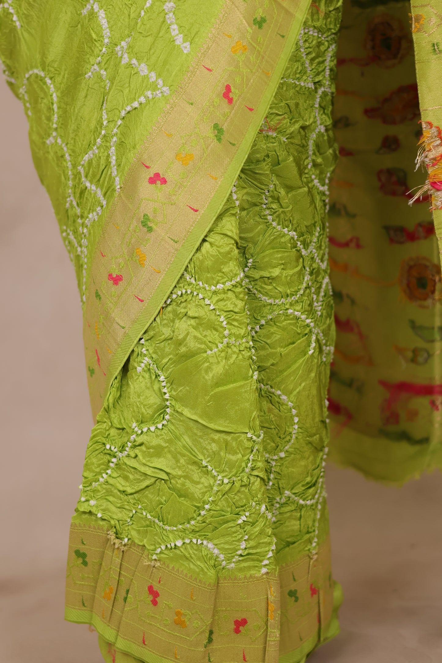 Pista Green Handcrafted Pattern Bandhani Paithani Dola Silk Saree | Looms & Tassels