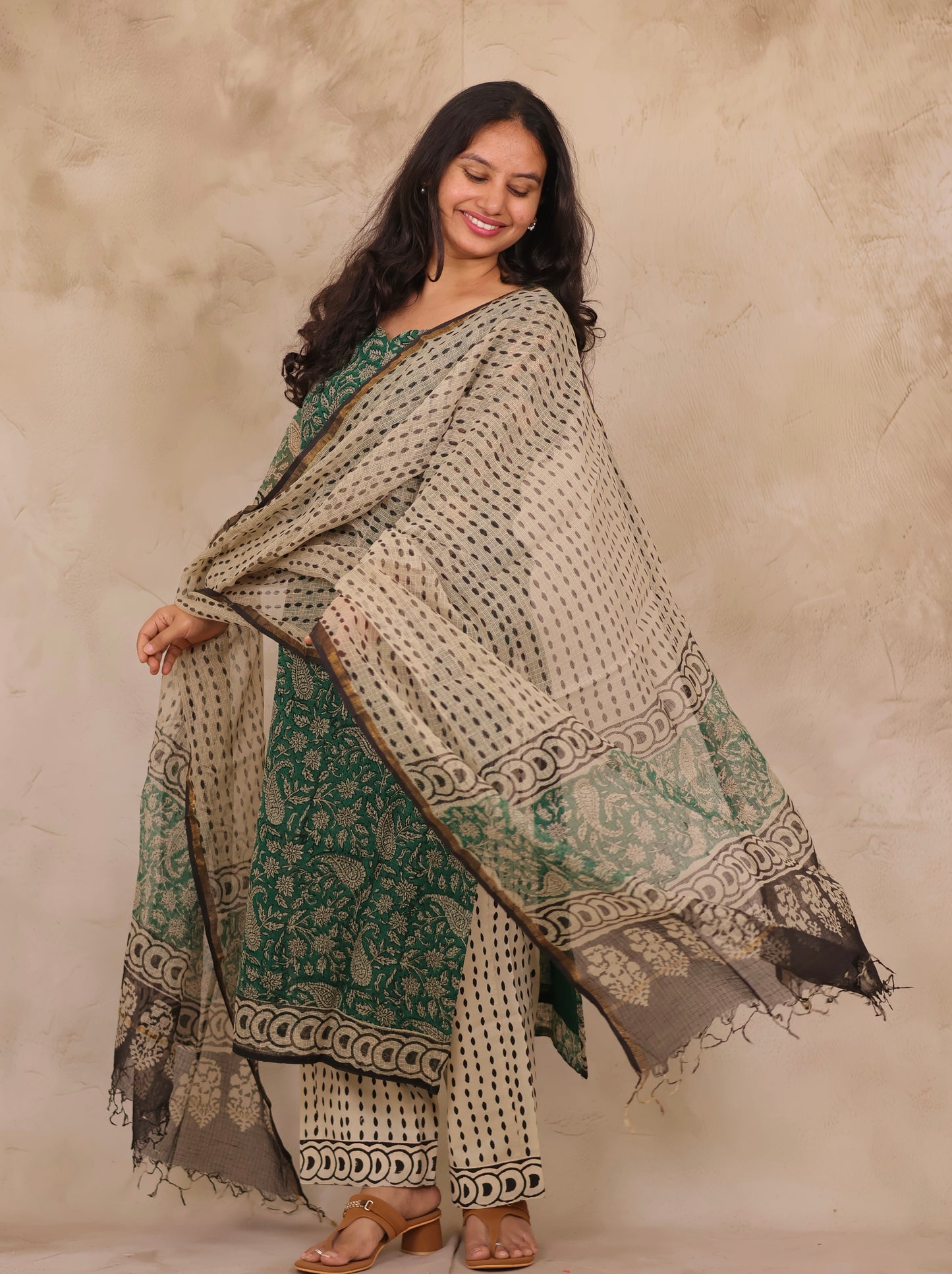 Green Handblock printed kota 3 piece suit (stitched)