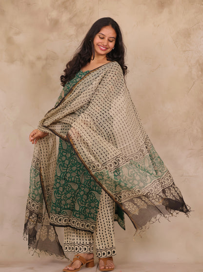 Green Handblock printed kota 3 piece suit (stitched)