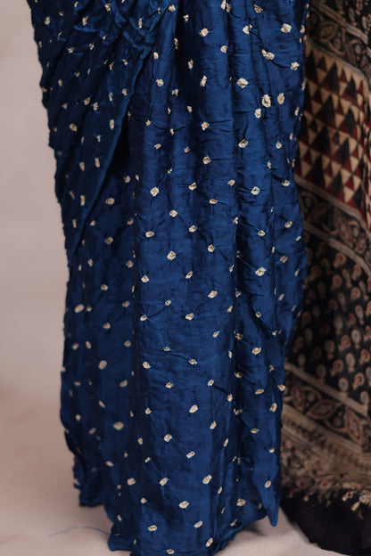 Blue Hand Knotted Bandhej Modal Silk Saree with Ajrakh Pallu | Looms & Tassels