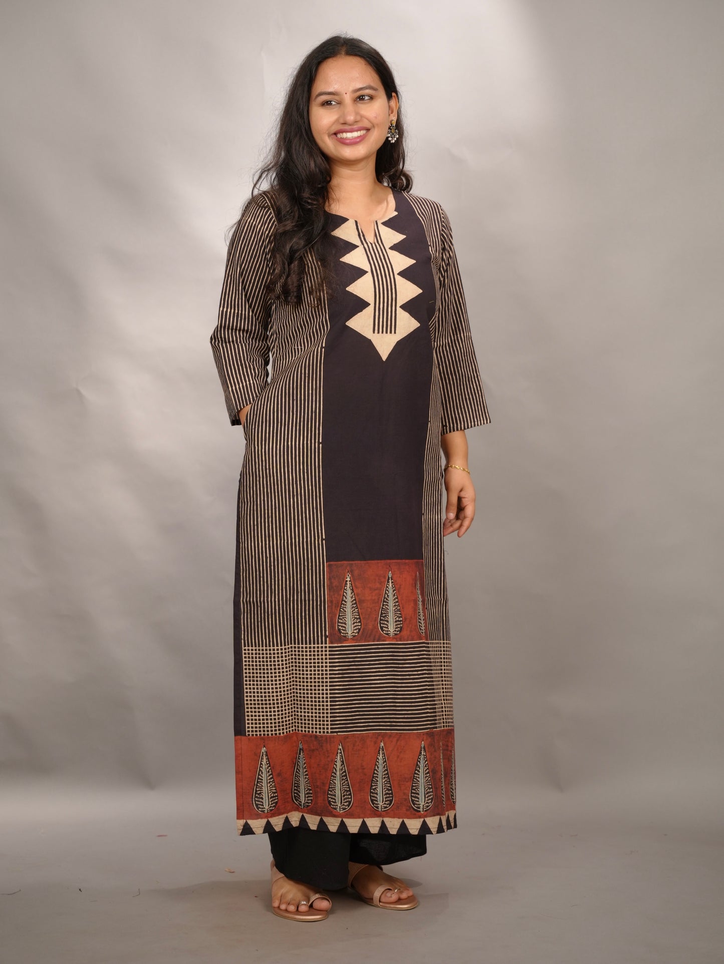 Black Ajrakh Pattern Hand Block printed Kurti | Looms & Tassels