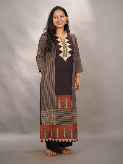 Black Ajrakh Pattern Hand Block printed Kurti | Looms & Tassels