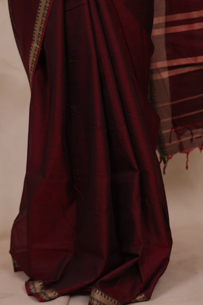 Maroon Narayanpet Cotton Saree | Looms & Tassels