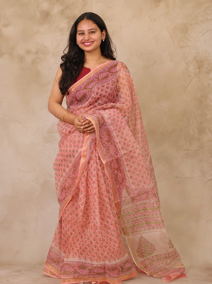 Peach Pure Kota Doria Saree with Bagru Handblock Prints | Looms & Tassels