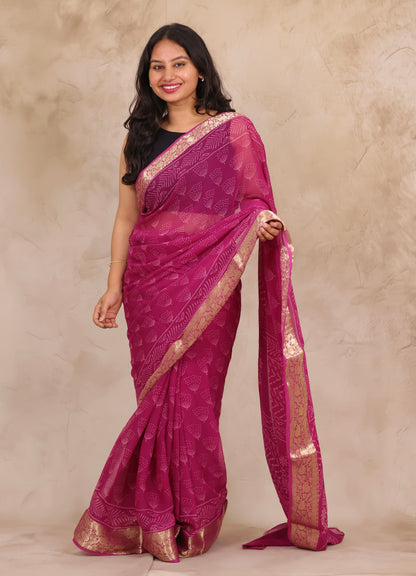 Magenta Pink Chiffon Hand Block Printed Saree with Jari Border | Looms & Tassels
