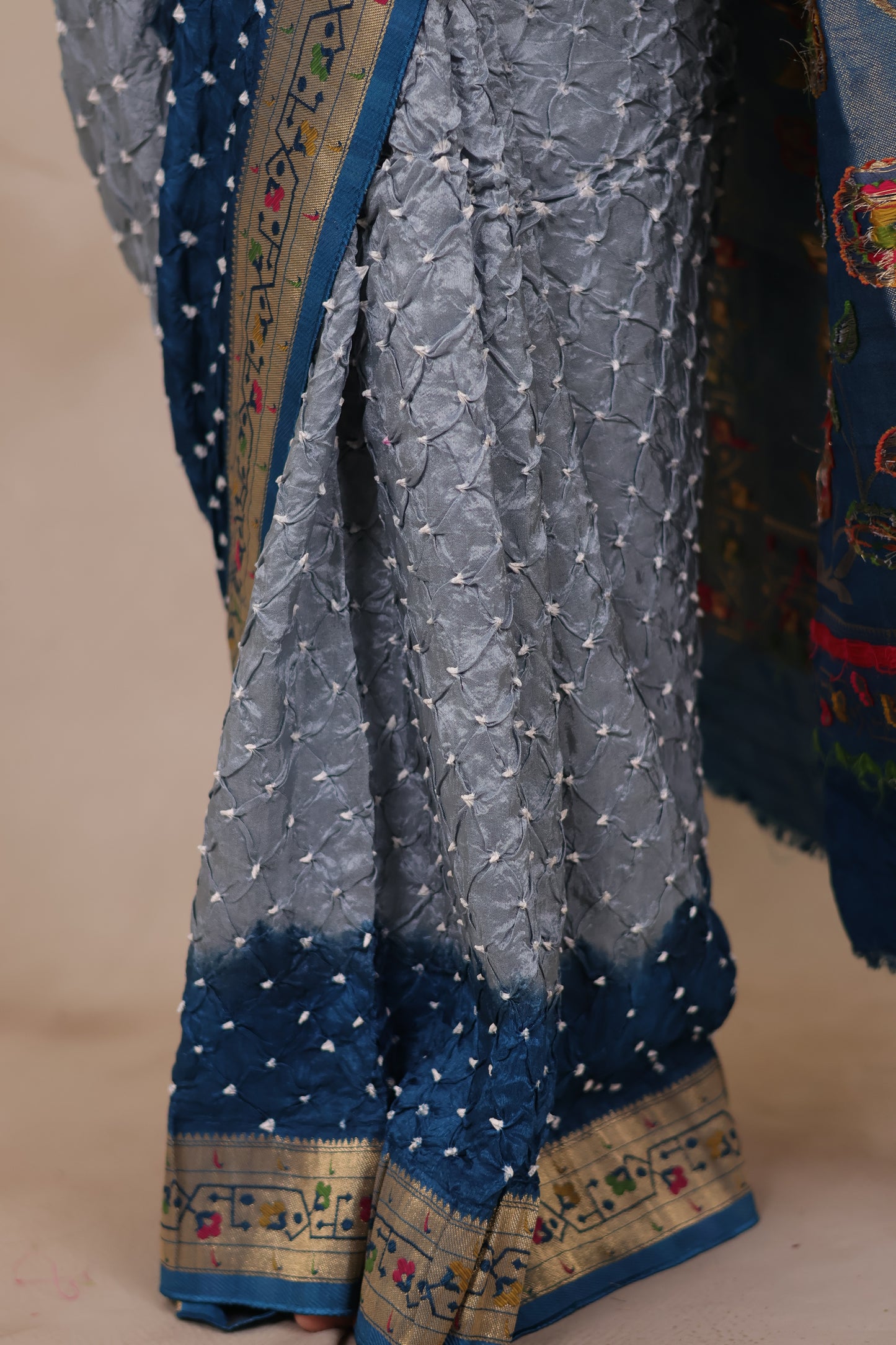 Dual Tone Handcrafted Bandhani Paithani Dola Silk Saree | Looms & Tassels
