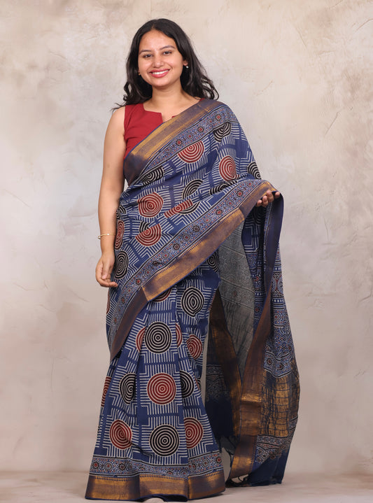 Indigo Ajrakh Hand Block Printed Mangalagiri Cotton Saree | Looms & Tassels