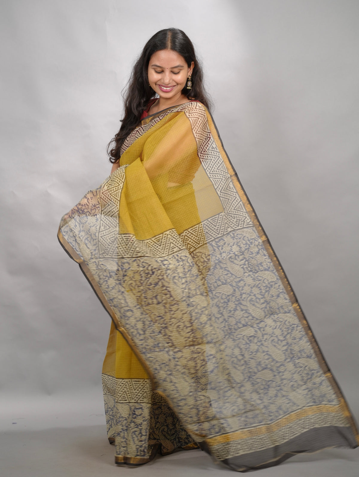 Yellow Pure Kota Doria Saree with Bagru Handblock Prints | Looms & Tassels