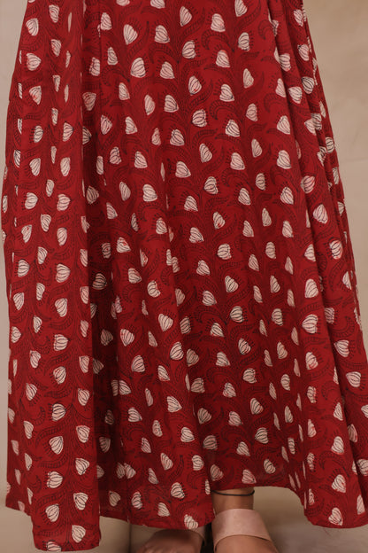 Rust Red Hand Block Printed Pure Mul Cotton Maxi Dress | Looms & Tassels