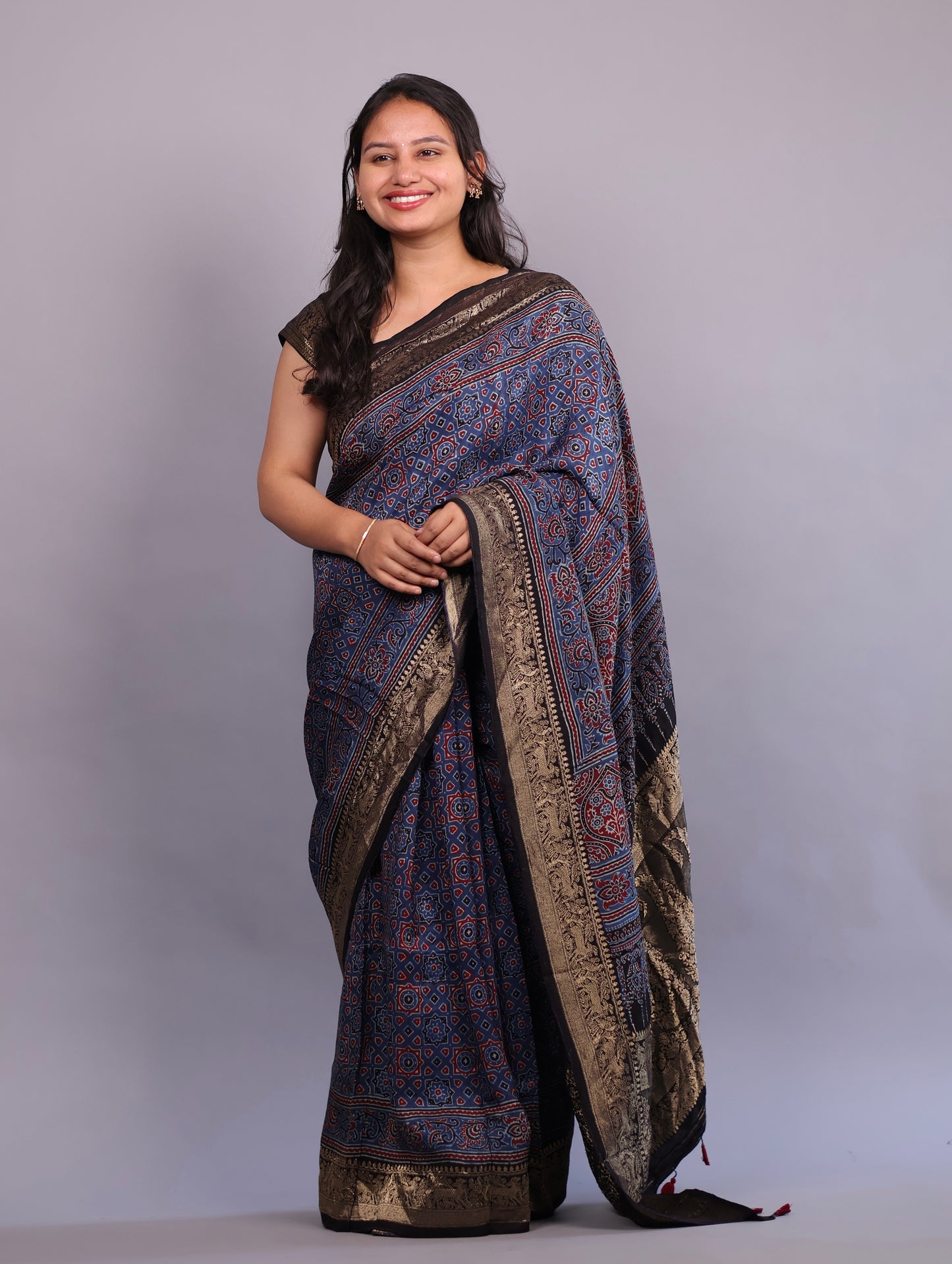Indigo Blue Geometrical Pattern Ajrakh Handblock Printed Dola Silk Saree | Looms & Tassels