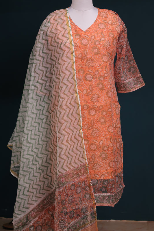 Orange Handblock printed kota 3 piece suit (stitched)