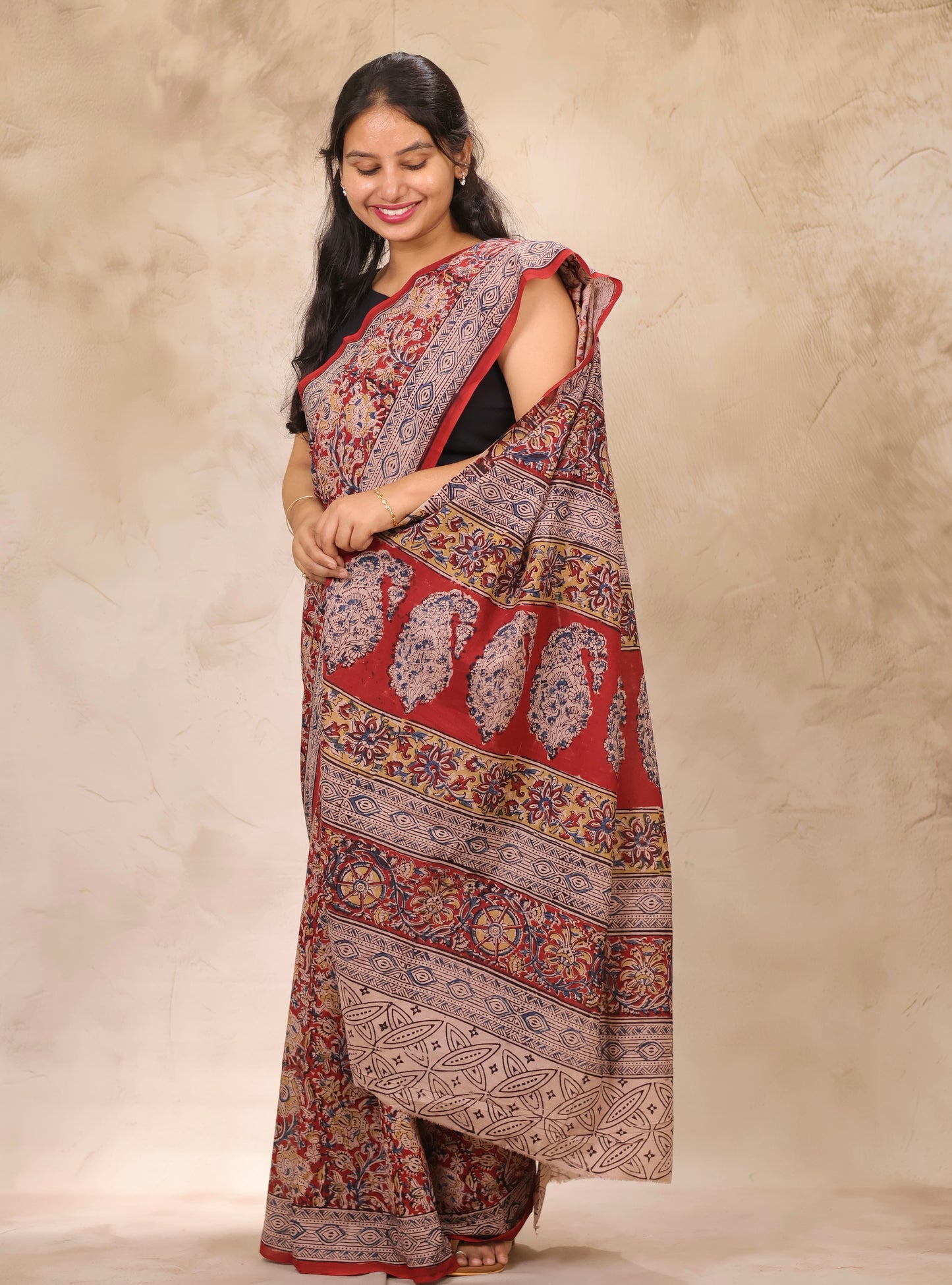 Maroon Hand Block Printed Kalamkari Cotton Saree | Looms & Tassels
