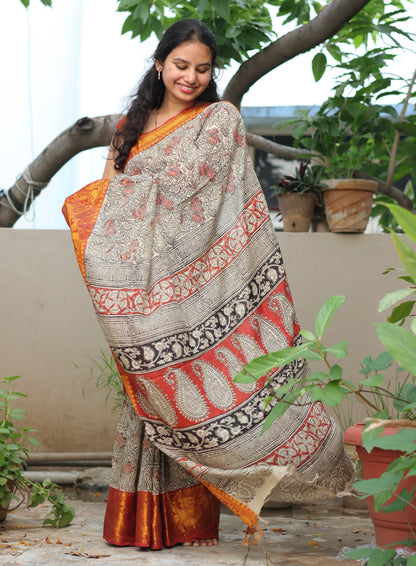 Kanchi Border Hand Block Printed kalamkari Silk Saree
