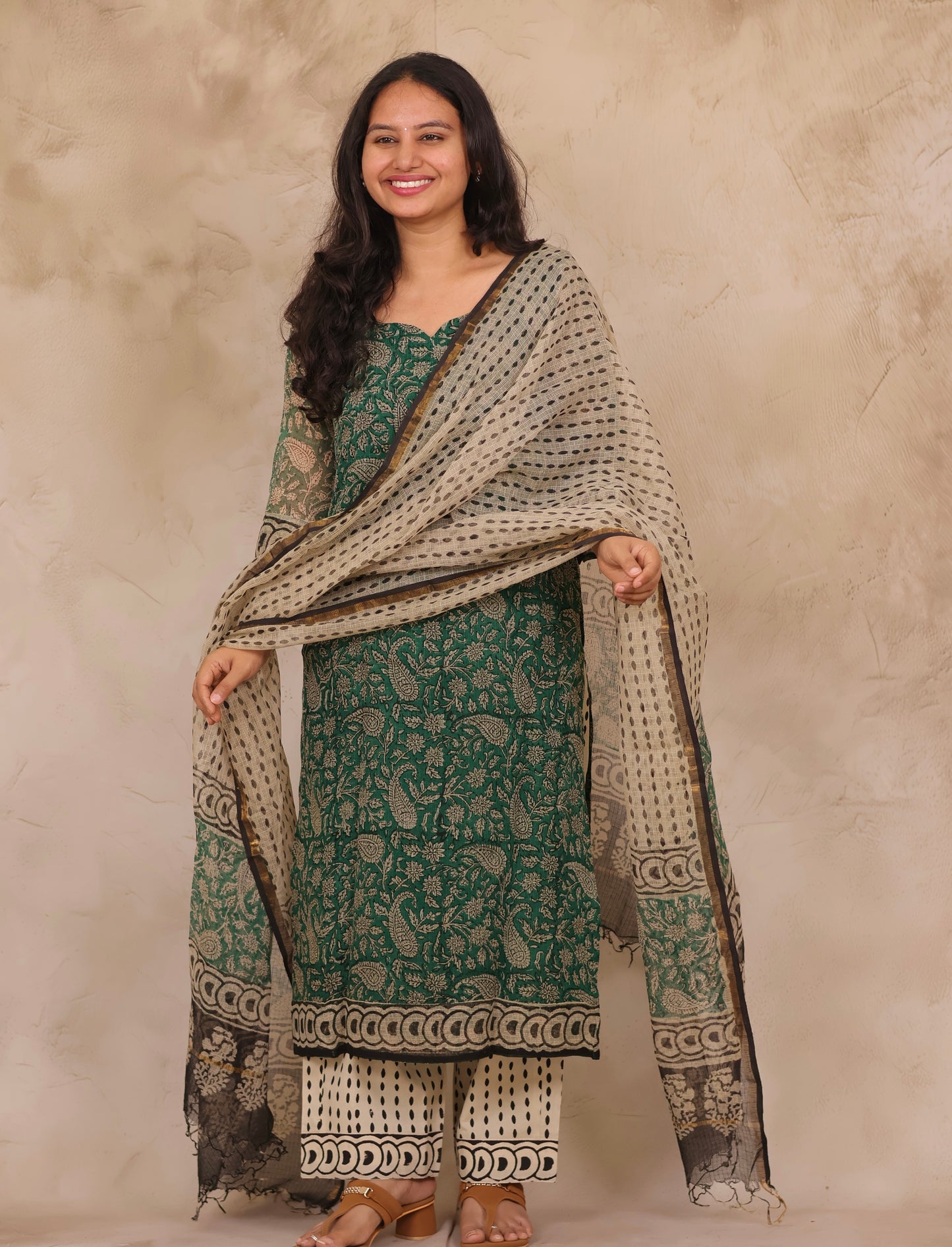 Green Handblock printed kota 3 piece suit (stitched)