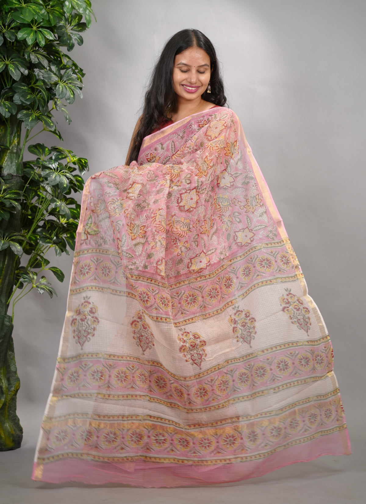 Baby Pink Pure Kota Doria Saree with Bagru Handblock Prints